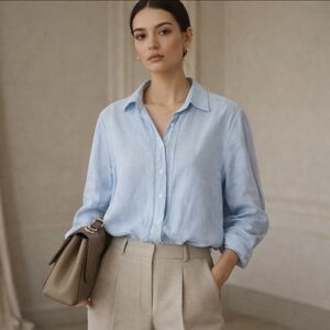 Classic ruffle button down academia white stitching boyfriend fit light blue S